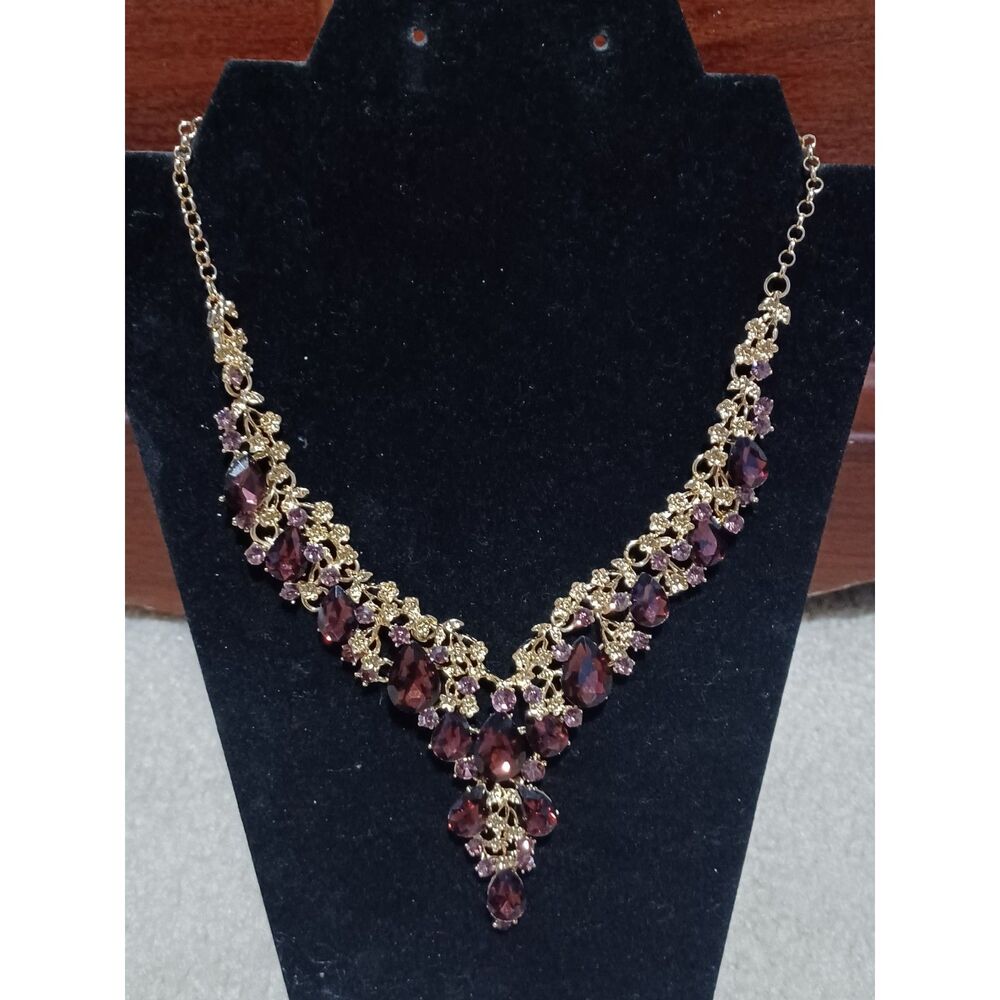 Gold-Toned Burgundy & Pink Crystal Statement Necklace, 16"